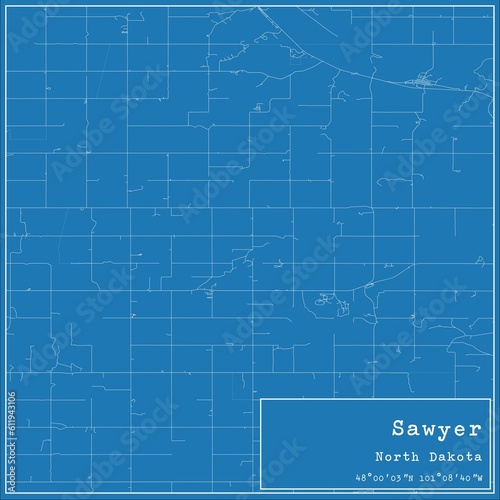 Blueprint US city map of Sawyer, North Dakota. photo