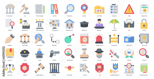 Law & Justice Flat Icons Legal Government Icon Set in Color Style 50 Vector Icons