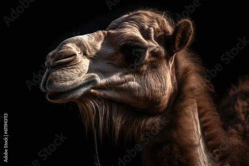 Portrait of a camel face shot, close-up, isolated on black background. generative AI