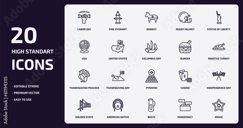 united states of america outline icons set. united states of america thin line icons pack such as labor day, rugby helmet, united states, thanksgiving peacock, american native, baste, democracy,