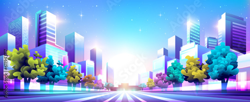 Vector neon colorful widescreen illustration of a beautiful night street with road, buildings and trees.