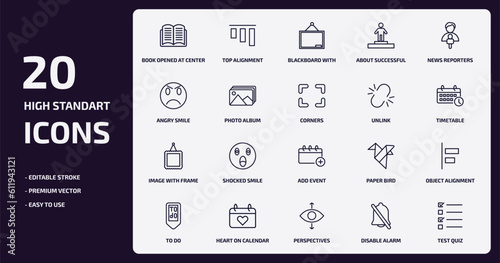 user interface outline icons set. user interface thin line icons pack such as book opened at center, about successful man, photo album, image with frame, heart on calendar, perspectives, disable