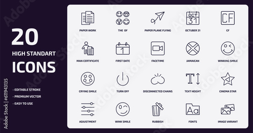 user interface collection. outline icons set. user interface collection. thin line icons pack such as paper work, octuber 31, first date, crying smile, wink smile, rubbish, fonts, image variant