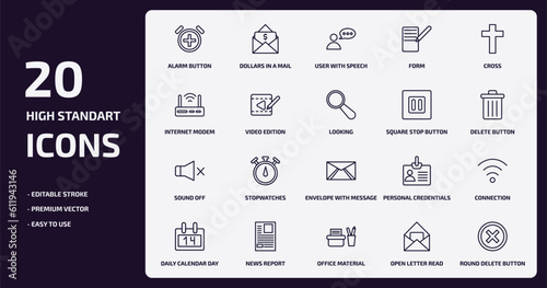 user interface outline icons set. user interface thin line icons pack such as alarm button, form, video edition, sound off, news report, office material, open letter read email, round delete button