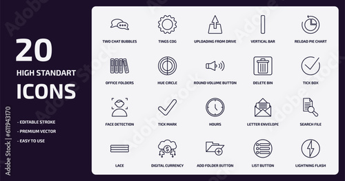 user interface outline icons set. user interface thin line icons pack such as two chat bubbles, vertical bar, hue circle, face detection, digital currency, add folder button, list button, lightning