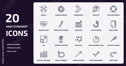 user interface collection. outline icons set. user interface collection. thin line icons pack such as reduce, incentive, arrow with scribble, size, swirly scribbled arrow, scribble broken line,