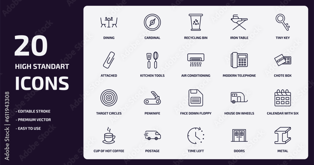 tools and utensils outline icons set. tools and utensils thin line icons pack such as dining, iron table, kitchen tools, target circles, postage, time left, doors, metal vector.
