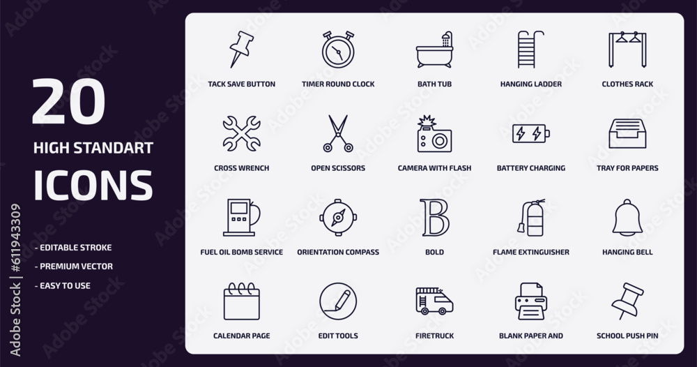 tools and utensils outline icons set. tools and utensils thin line icons pack such as tack save button, hanging ladder, open scissors, fuel oil bomb service, edit tools, firetruck, blank paper and