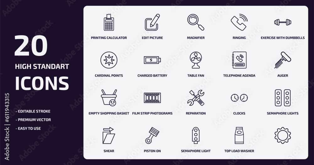 tools and utensils outline icons set. tools and utensils thin line icons pack such as printing calculator, ringing, charged battery, empty shopping basket, piston on, semaphore light, top load