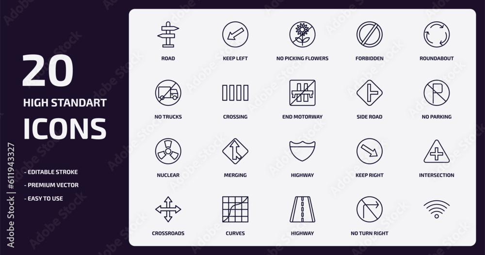 traffic signs outline icons set. traffic signs thin line icons pack such as road, forbidden, crossing, nuclear, curves, highway, no turn right, vector. traffic signs outline icons set. traffic signs thin line icons pack such as road, forbidden, crossing, nuclear, curves, highway, no turn right, vector.