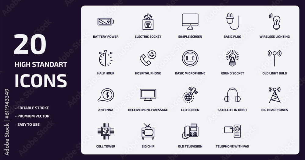 technology outline icons set. technology thin line icons pack such as battery power, basic plug, hospital phone, antenna, big chip, old television, telephone with fax, video camera front view technology outline icons set. technology thin line icons pack such as battery power, basic plug, hospital phone, antenna, big chip, old television, telephone with fax, video camera front view