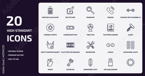 tools and utensils outline icons set. tools and utensils thin line icons pack such as printing calculator, ringing, charged battery, empty shopping basket, piston on, semaphore light, top load
