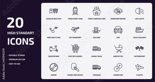 transport outline icons set. transport thin line icons pack such as scholar bus stop, workshop repair, air transport, scooter bike, hands free device, trucking, transition, flights vector.