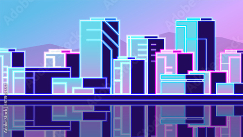 Bright skyscrapers in the city landscape with a modern neon outline. Metropolis horizontal vector illustration for social media, banners.