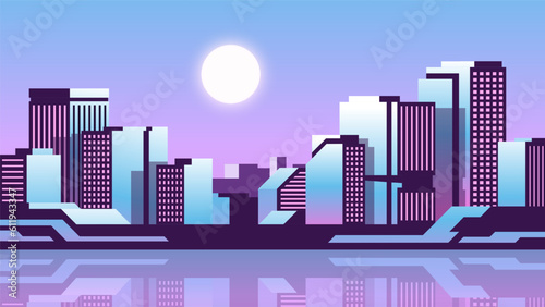 The morning sun rises over the city. Modern abstract horizontal urban landscape.