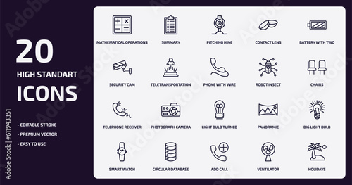 technology outline icons set. technology thin line icons pack such as mathematical operations, contact lens, teletransportation, telephone receiver, circular database, add call, ventilator, holidays