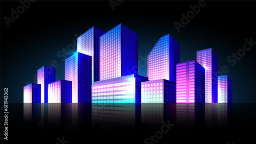 Shining neon metropolis isolated on black background. Cyberpunk business district with skyscrapers horizontal illustration.