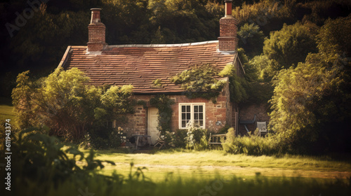 Old cottage in the English countryside. Photorealistic illustration generative AI.