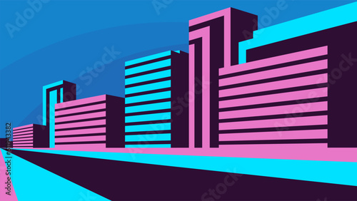 Modern street with pink office buildings. Flat minimalistic horizontal illustration city life.