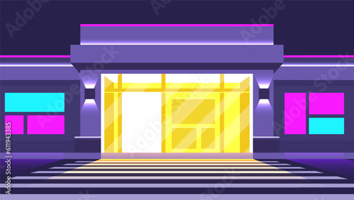 Realistic illustration of mall entrance with parking. Neon empty signs on the showcase of open night store.