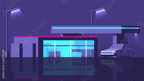 Modern car stands at a gas station near a modern glass shop window at night.