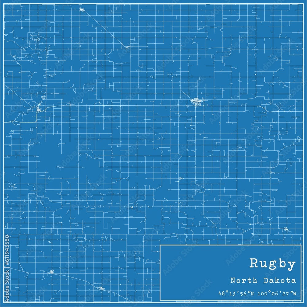 Blueprint US city map of Rugby, North Dakota.