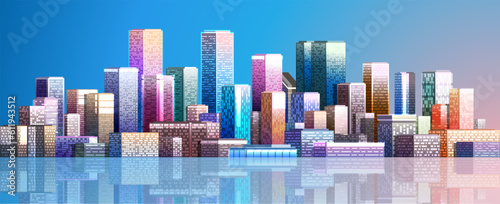View of modern day city. Colorful metropolis with skyscrapers.