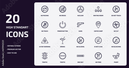 signs outline icons set. signs thin line icons pack such as no packing, waiting room, power button, uv ray warning, traffic, one way, no food, phary vector.