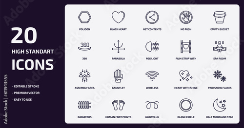 shapes outline icons set. shapes thin line icons pack such as poligon, no push, parabola, assembly area, human foot prints, glowplug, blank circle, half moon and star vector.