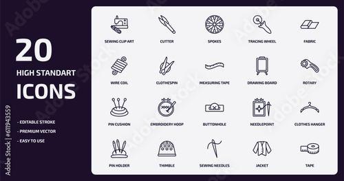 sew outline icons set. sew thin line icons pack such as sewing clip art, tracing wheel, clothespin, pin cushion, thimble, sewing needles, jacket, tape vector.