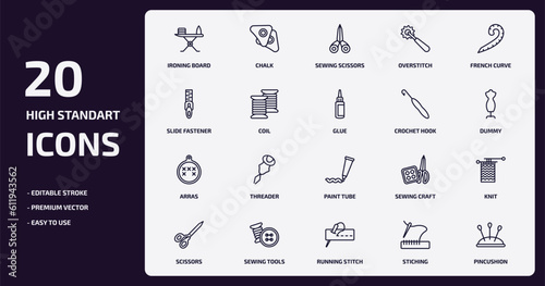 sew outline icons set. sew thin line icons pack such as ironing board, overstitch, coil, arras, sewing tools, running stitch, stiching, pincushion vector.