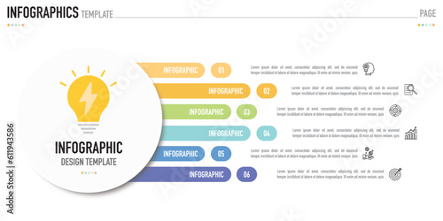 Circular and rectangular infographic template or element with 6 step, process, option, colorful bar, rectangle, circle, light bulb, vertical bullet, minimal, modern style for sale slide, flowchart