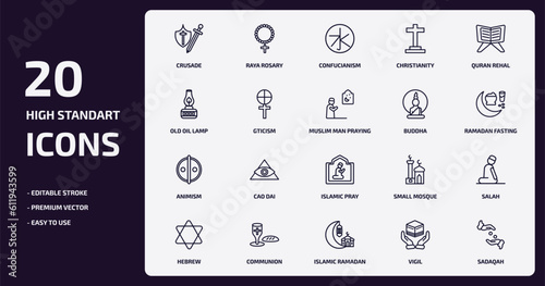 religion outline icons set. religion thin line icons pack such as crusade, christianity, gticism, animism, communion, islamic ramadan, vigil, sadaqah vector.