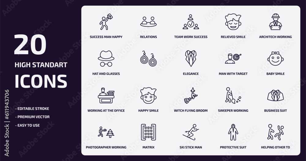 people outline icons set. people thin line icons pack such as success man happy, relieved smile, , working at the office, matrix, ski stick man, protective suit, helping other to jump vector.