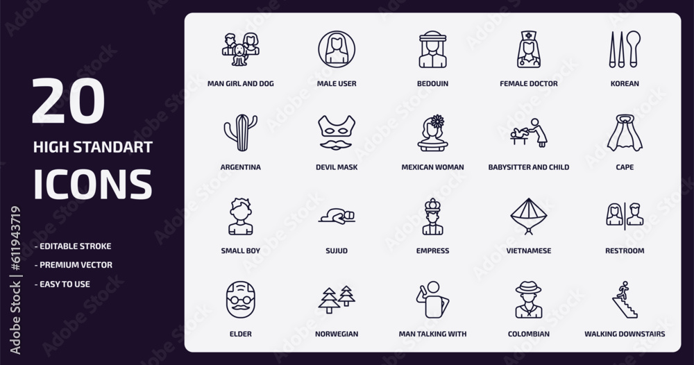 people outline icons set. people thin line icons pack such as man girl and dog, female doctor, devil mask, small boy, norwegian, man talking with phone, colombian, walking downstairs vector.