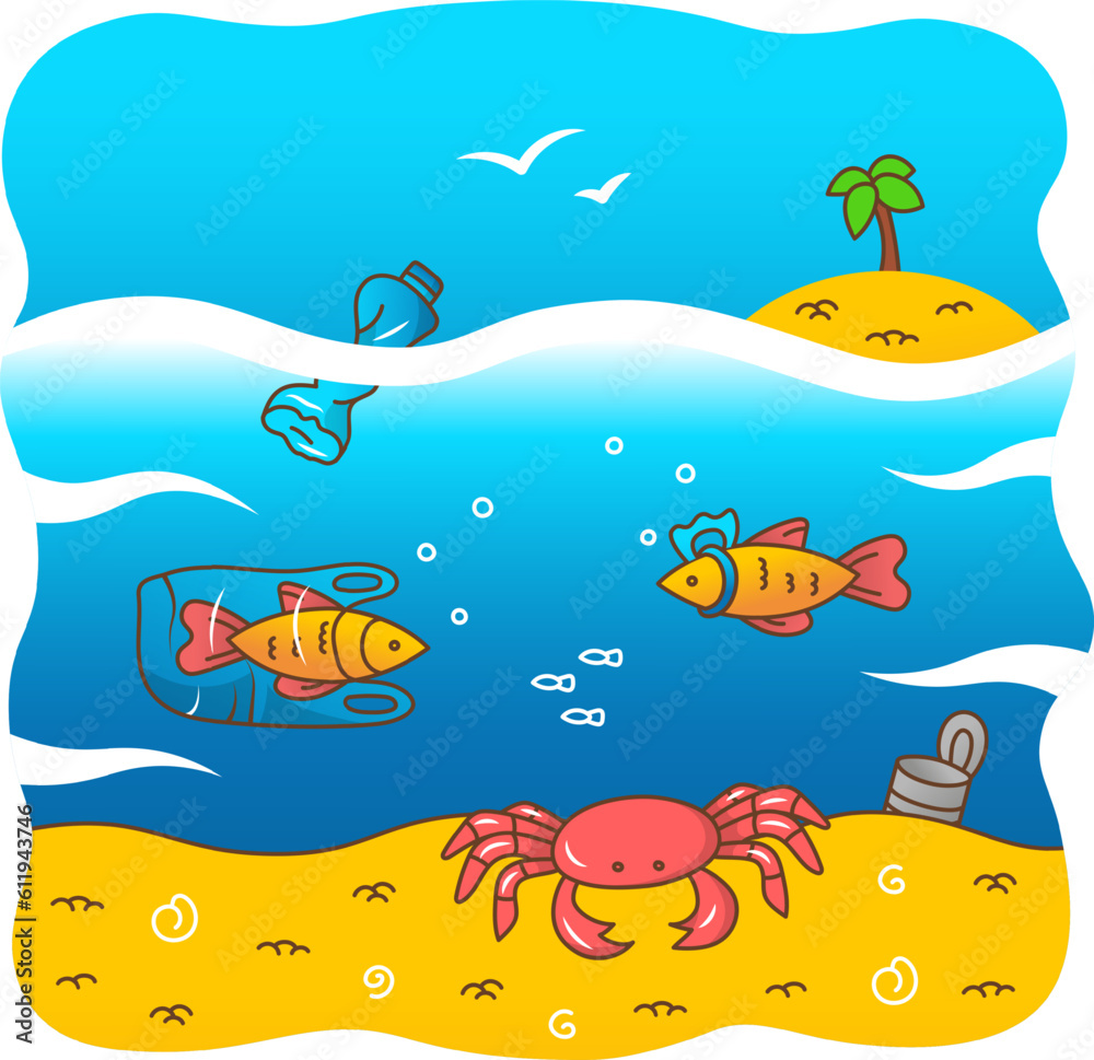 Marine animals trapped in debris at the bottom of the ocean. Small fishes got stuck in the plastic bag and bottle handle. Scene of nature and water pollution by plastic garbage. Marine animals trapped in debris at the bottom of the ocean. Small fishes got stuck in the plastic bag and bottle handle. Scene of nature and water pollution by plastic garbage.