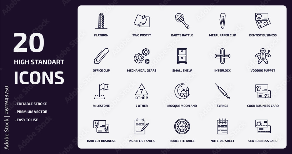 other outline icons set. other thin line icons pack such as flatiron, metal paper clip, mechanical gears, milestone, paper list and a pencil, roulette table, notepad sheet, sea business card vector. other outline icons set. other thin line icons pack such as flatiron, metal paper clip, mechanical gears, milestone, paper list and a pencil, roulette table, notepad sheet, sea business card vector.