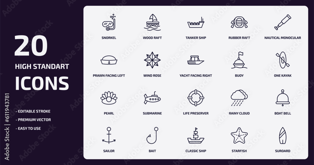 nautical outline icons set. nautical thin line icons pack such as snorkel, rubber raft, wind rose, pearl, bait, classic ship, starfish, suroard vector.