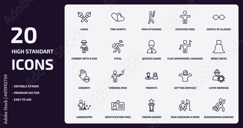 people outline icons set. people thin line icons pack such as lance, crucified pose, steal, goodbye, identification pass, cinema award, man knocking a door, businessman dancing vector.