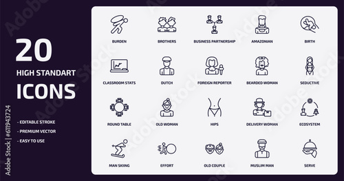 people outline icons set. people thin line icons pack such as burden, amazonian, dutch, round table, effort, old couple, muslim man, serve vector.