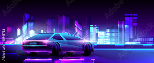 Futuristic supercar standing on city background. Neon night metropolis illustration.