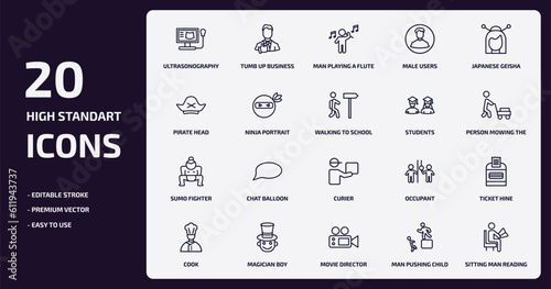 people outline icons set. people thin line icons pack such as ultrasonography, male users, ninja portrait, sumo fighter, magician boy, movie director, man pushing child, sitting man reading vector.