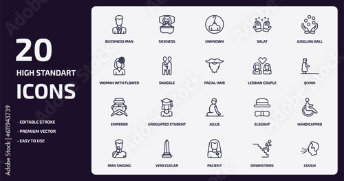 people outline icons set. people thin line icons pack such as bussiness man, salat, snuggle, emperor, venezuelan, pacient, downstairs, cough vector.