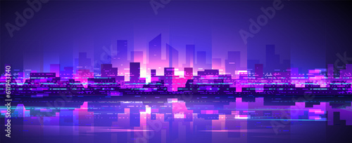 Purple shining cyberpunk metropolis in retro style on dark background. Widescreen futuristic night city.