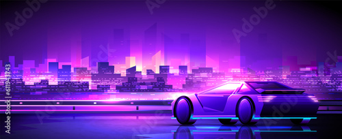 Futuristic neon supercar stands on metropolis background. Night cyberpunk horizontal illustration of modern transport.