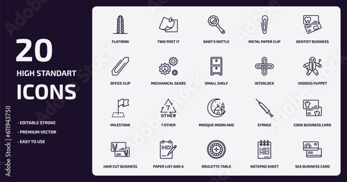 other outline icons set. other thin line icons pack such as flatiron, metal paper clip, mechanical gears, milestone, paper list and a pencil, roulette table, notepad sheet, sea business card vector.