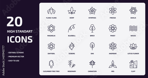 nature outline icons set. nature thin line icons pack such as ylang-ylang, freesia, bluebell, daffodil, rosemary, carnation, iris, cliff vector.