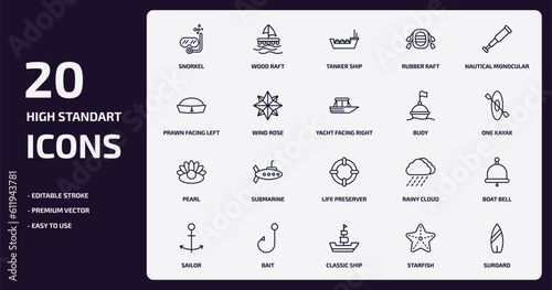 nautical outline icons set. nautical thin line icons pack such as snorkel, rubber raft, wind rose, pearl, bait, classic ship, starfish, suroard vector.