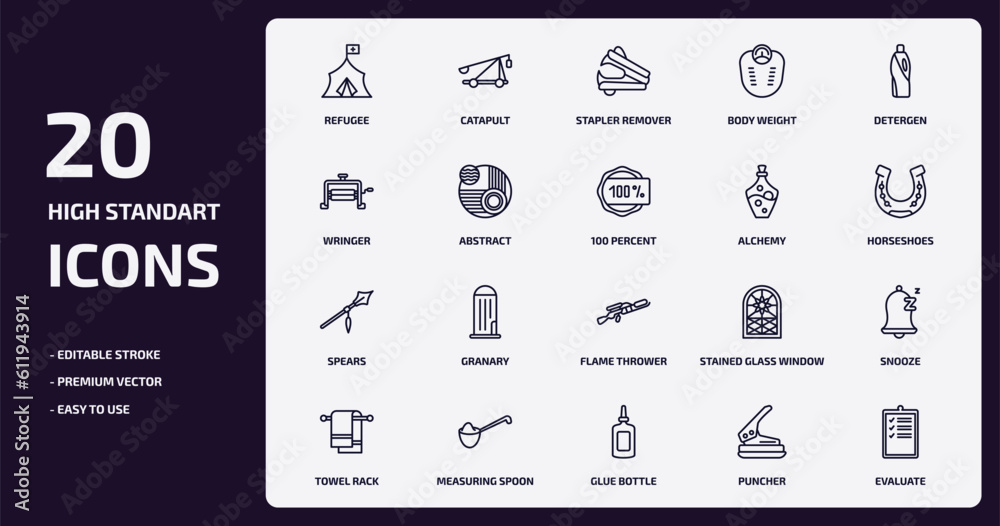 miscellaneous outline icons set. miscellaneous thin line icons pack such as refugee, body weight, abstract, spears, measuring spoon, glue bottle, puncher, evaluate vector. miscellaneous outline icons set. miscellaneous thin line icons pack such as refugee, body weight, abstract, spears, measuring spoon, glue bottle, puncher, evaluate vector.