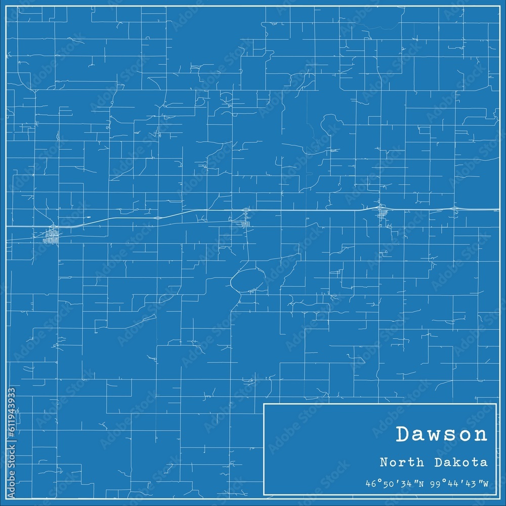 Blueprint US city map of Dawson, North Dakota. Blueprint US city map of Dawson, North Dakota.